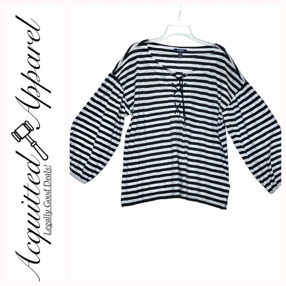 NWT Chaps 3/4 Sleeve Shoe Laced Front Stripe Top